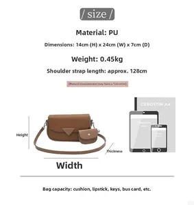 Guide des tailles du sac carré en PU marron avec dimensions et comparaison smartphone