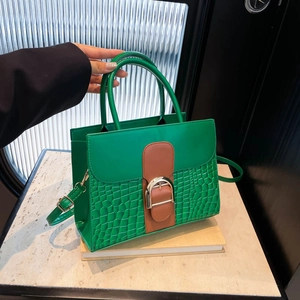 Krokodil Prägung PU Leder Handtasche Damen Kontrastfarbe Umhängetasche Mit Tragegriff Und Metall D-Ring Schnalle Retro Stil