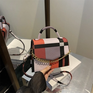 Fashion Women Geometric Patchwork Shoulder Bag Color Block PU Leather Handbag With Gold Chain Strap Retro Underarm Crossbody Square Bag