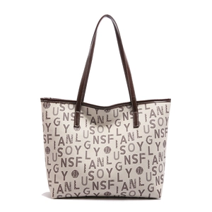 Minimalist off-white tote bag with brown leather straps and all-over letter print