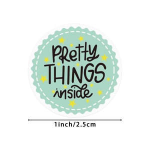 1-inch mint green scalloped round stickers with Pretty Things Inside and yellow stars