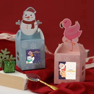 Christmas gift boxes with snowman and flamingo designs on festive red background