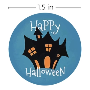 1.5-inch Happy Halloween stickers with a haunted house design on a blue round roll