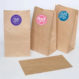 Brown kraft paper gift bags with colorful floral Thank You stickers and square bottom base