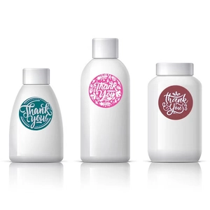 Floral Thank You stickers in deep teal, bright pink, and burgundy on white bottles