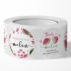 Roll of round watermelon stickers with Thank You text and sweet fruit design