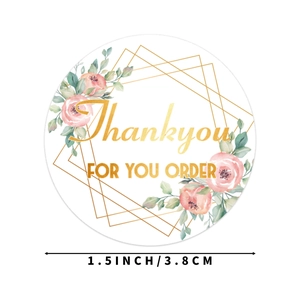1.5 inch pink floral thank you seal stickers with gold foil geometric frame on white back