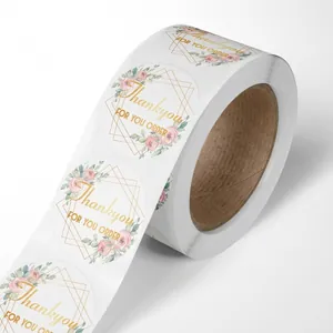 38mm gold foil Thank You stickers roll with pink flowers and gold geometric patterns