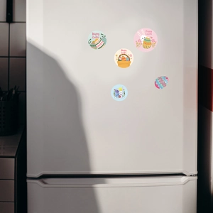 5-piece Easter bunny and egg sticker set on white fridge, pastel colors and floral patterns