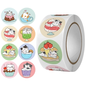 Round Cartoon Cat Dessert Stickers Adhesive Copperplate Paper Thank You Gift Labels Scrapbooking Decoration Stationery