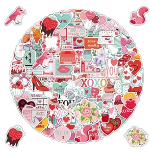 Pink Valentine's Day cartoon stickers with hearts and flowers for DIY cup and luggage deco