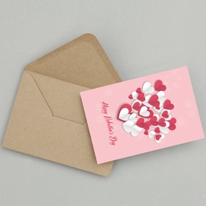 Pink Happy Valentine's Day card with red 3D paper heart and kraft envelope set