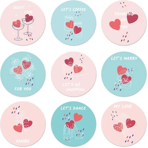 Valentine's Day round stickers with 9 assorted designs in pastel pink and blue