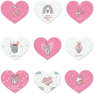 Set of nine heart-shaped Valentine's Day decorative stickers with romantic illustrations
