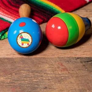 Kids wooden maracas percussion set with colorful rainbow stripes and Mexican piñata design