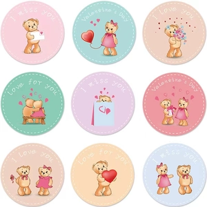 Detail view of nine round Valentine stickers featuring cute bears and romantic messages
