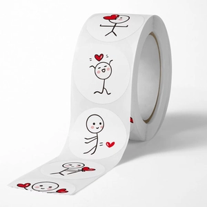 Roll of round stickman stickers with red hearts for DIY crafts and gift sealing