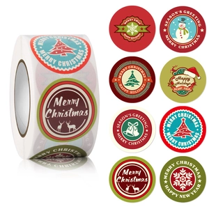 Detail view of 8 festive Christmas sticker designs including Santa, reindeer, and snowmen