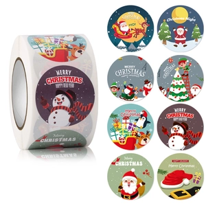 Merry Christmas round adhesive sticker roll with hand-drawn cartoon holiday characters