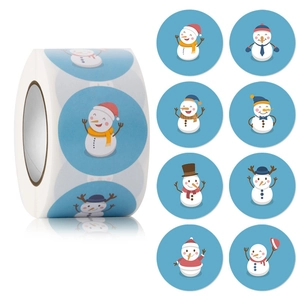 Detail view of round Merry Christmas stickers featuring eight cartoon snowman designs