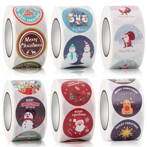 Round Merry Christmas Adhesive Labels For Gift Box Envelope Sealing Christmas Tree Snowman Reindeer Pattern Festive Decoration
