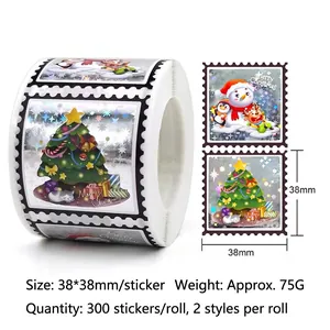 Christmas Stickers Holographic Laser Self-Adhesive Gift Sealing Labels Snowman Tree Cartoon Party Decoration Holiday