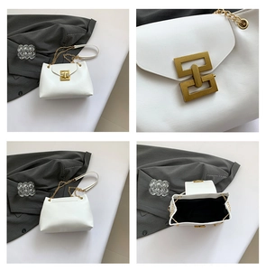 Detailed views of white leather hobo bag with golden geometric clasp and chain strap