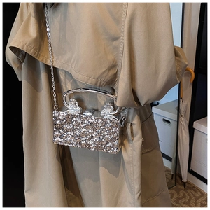 Detail der silbernen Box-Tasche mit Eisrissen, Löwenkopfgriff und feiner Kette am Model