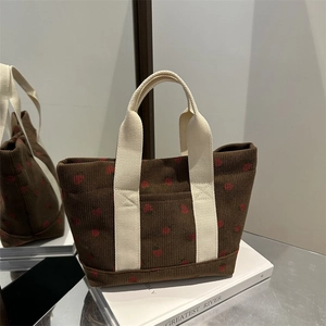Corduroy Strawberry Print Handbag Aesthetic Small Tote Bag With Canvas Webbing Handles Casual College Style For Women