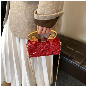 Detail der roten Acryl-Handtasche mit Eisrissentextur und goldenem Löwenkopfgriff