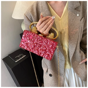 Detail der rosaroten Acryl-Clutch mit goldenem Löwenkopfgriff und Hammerschlag-Struktur