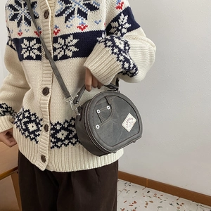 Sac à main rond gris foncé style denim avec bandoulière réglable à la mode