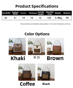 Size chart showing dimensions and colors for the minimalist PU leather bucket bag