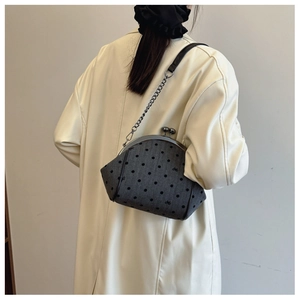 Close-up of embroidered shell bag with metal clasp and chain strap on a trench coat
