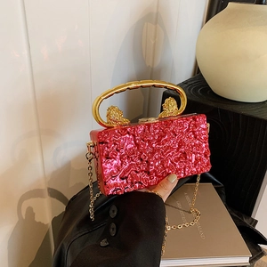 Damen Abendtasche Clutch Löwenkopf Griff Metallic Textur Hartschale Box Umhängetasche Kette Party Luxus