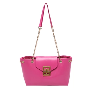 Chic magenta square shoulder bag with gold chain strap and interlocking buckle on white back