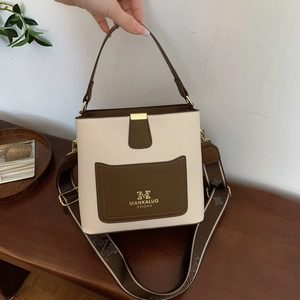 Women PU Leather Bucket Bag Minimalist Contrast Color Patchwork Crossbody Bag With Wide Shoulder Strap Fashion Casual Handbag