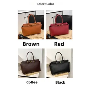 Four color options of retro faux leather tote bags with metal buckle decorative straps