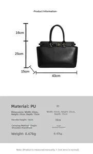 Detailed dimensions of the black PU tote bag with belt buckle and textured leather finish