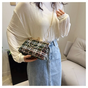 Detail of tweed evening bag featuring multi-color sequins and a gold circular ring handle