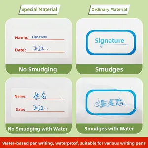 Waterproof cartoon name stickers showing smudge-proof writing test and durable coating