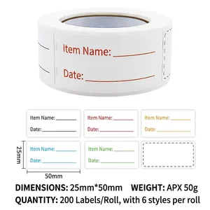 Detail showing 25mmx50mm self-adhesive labels with date fields in 6 color borders