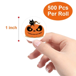 Roll of Halloween pumpkin and black cat stickers, 500 pieces per roll, 1 inch size decor