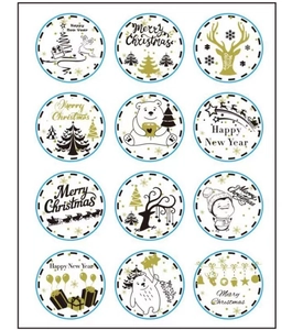 Set of 12 round Christmas and New Year stickers featuring black and gold festive designs