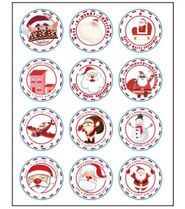 Set of 12 festive round Christmas stickers with Santa and reindeer designs in red and blue