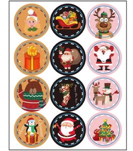 12-pack round Christmas stickers featuring Santa, snowmen, and festive holiday designs