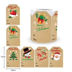 Roll of Kraft Christmas gift tags with various festive patterns and Merry Christmas text