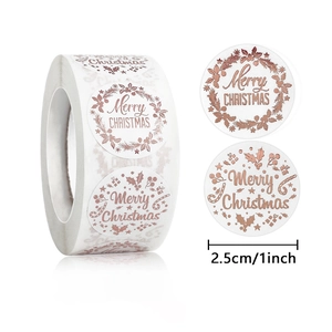 Roll of rose gold Merry Christmas stickers with wreath design and 2.5cm diameter size