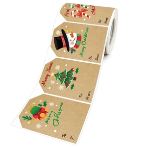 Roll of kraft Christmas gift stickers with snowman and tree patterns for labeling