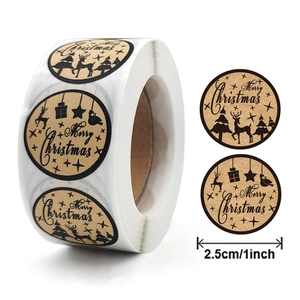 Roll of 2.5cm Kraft Merry Christmas seal stickers with deer and tree holiday patterns